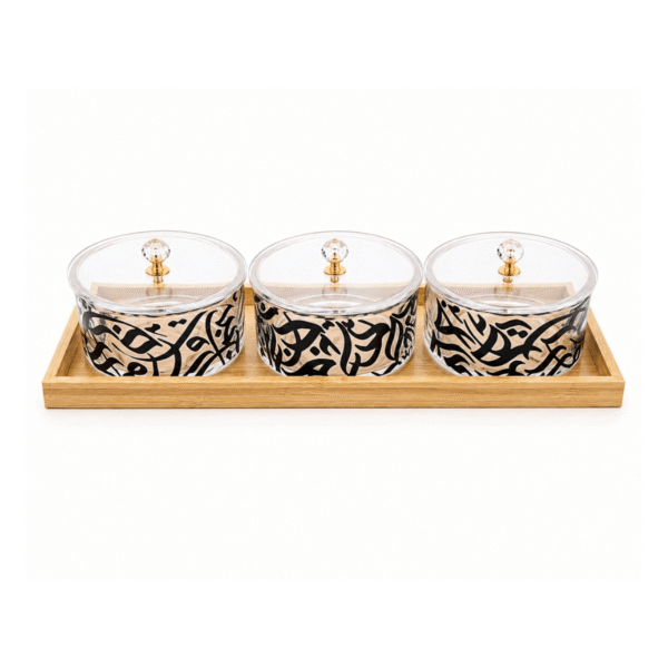 Arabesque Glass Bowl canister set of 3 with  Wooden tray