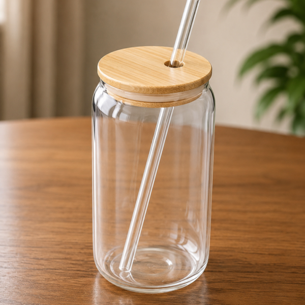 GLASS CAN WITH STRAW