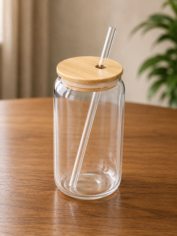 GLASS CAN WITH STRAW